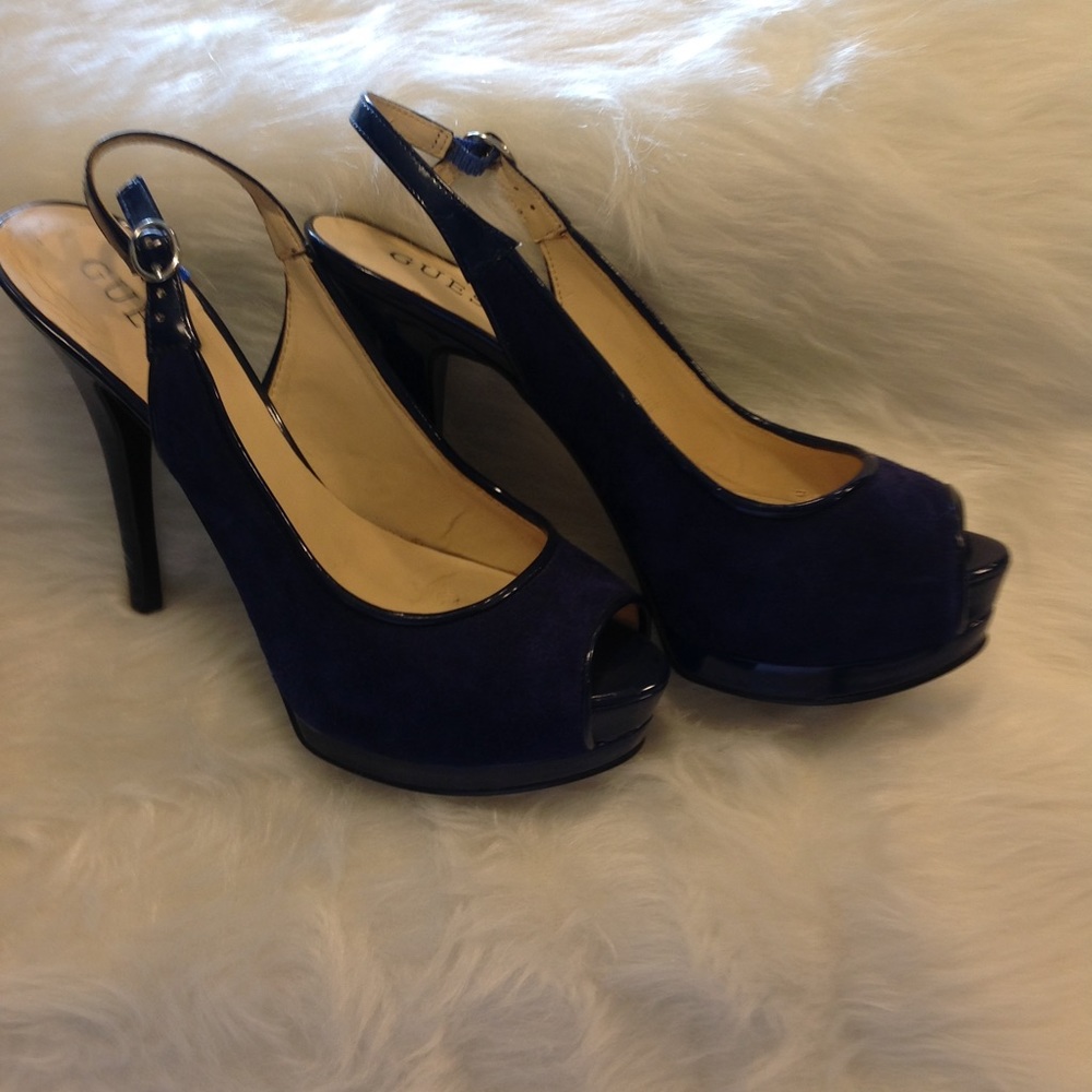 Navy Blue Suede Sling Back Platt Form Heals